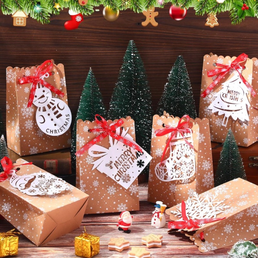 Packaging - 6/12個入り クリスマススノーフレーク柄ペーパーギフトボックス カードとリボン付き、ベーキングデザートパーティー用パッケージ