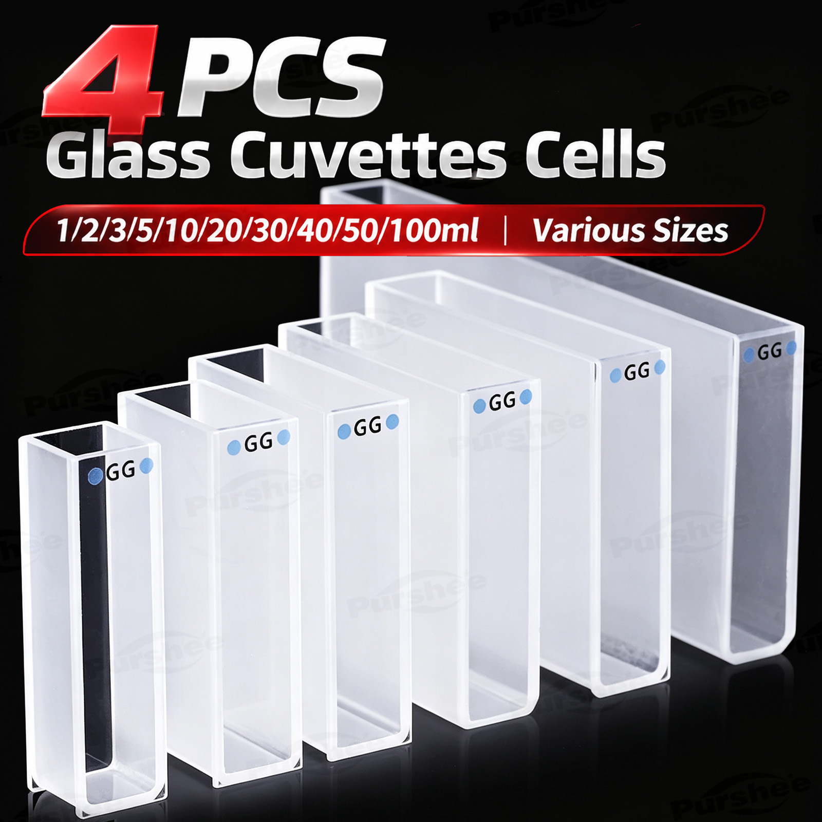 Lab Equipment - 4個入り ガラスキュベット 1/2/3/5/10/20/30/40/50/100ml 各種サイズ 焼結加工済み 接着剤不要