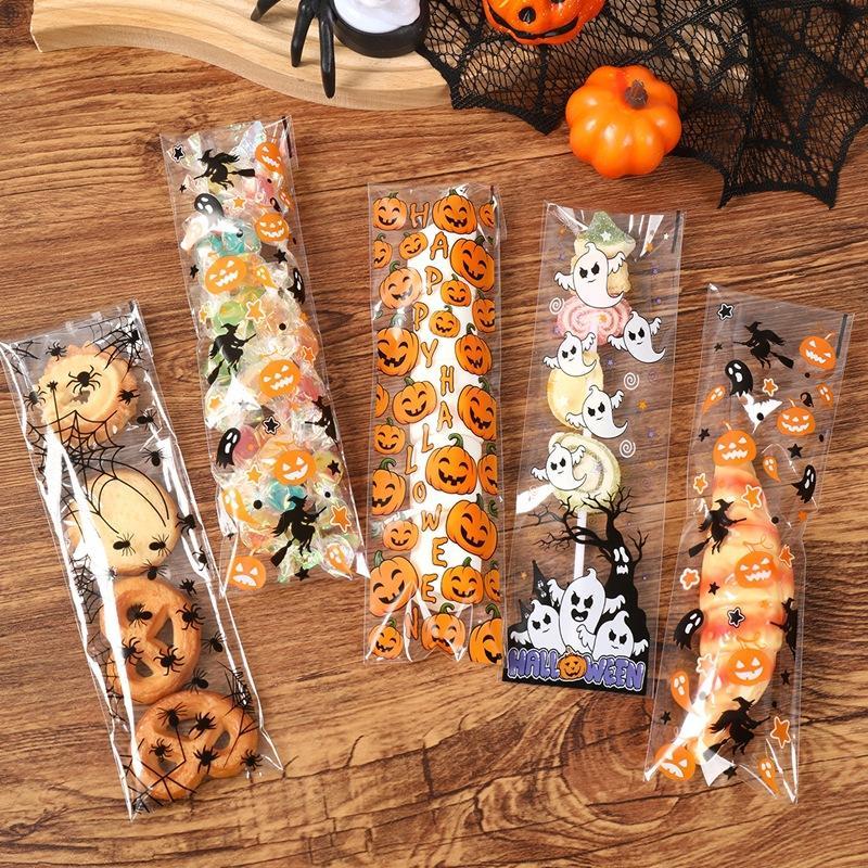 Packaging - 50/100枚 ハロウィン用粘着性バッグ パンプキンとゴースト柄の透明包装袋 キャンディー、ビスケット、ベーキング食品用ラッパー