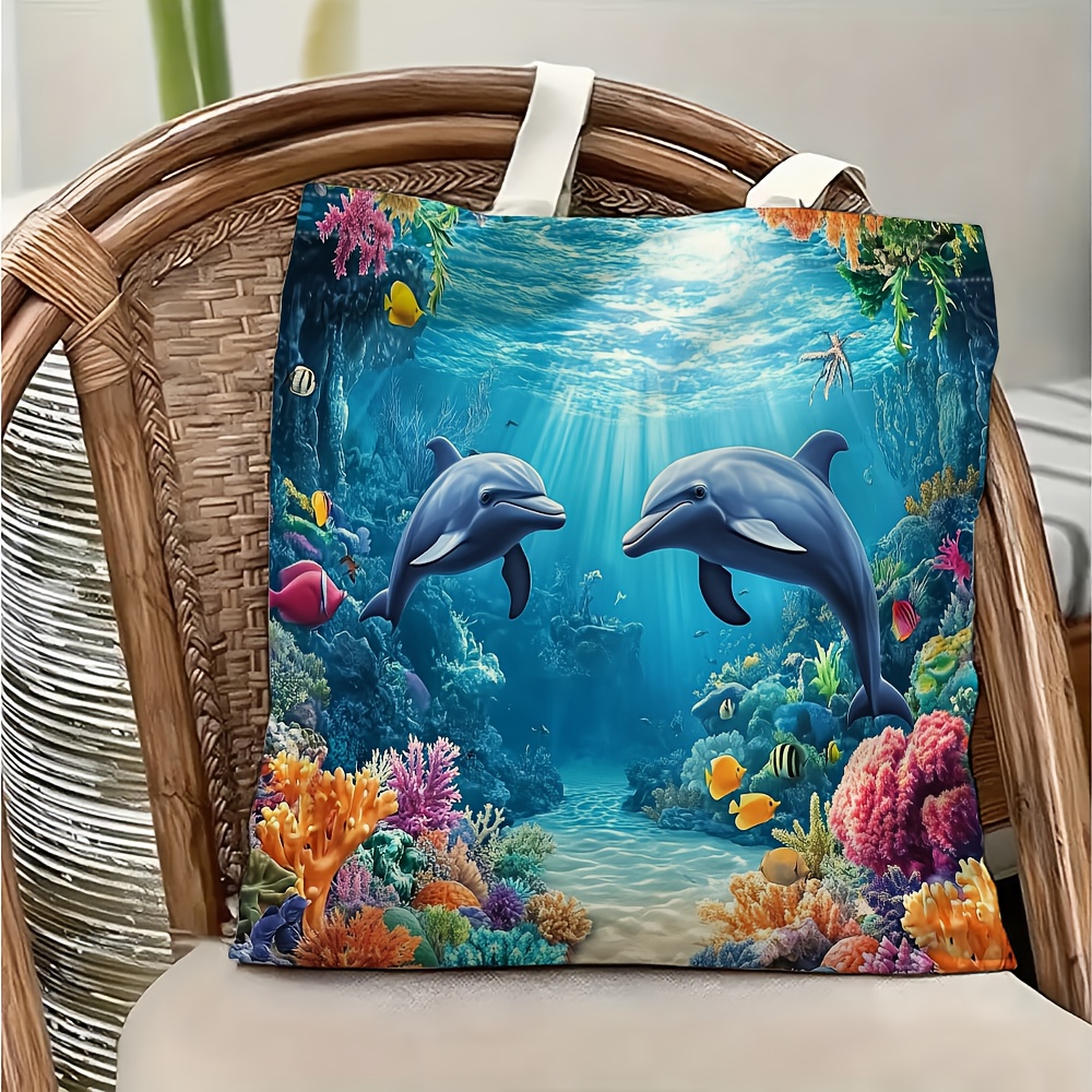 Packaging - 1個入り水中世界イルカ柄トートショッピングバッグ、日常使用、ショッピング、学校、旅行に最適、海洋生物愛好家のためのユニークなギフト